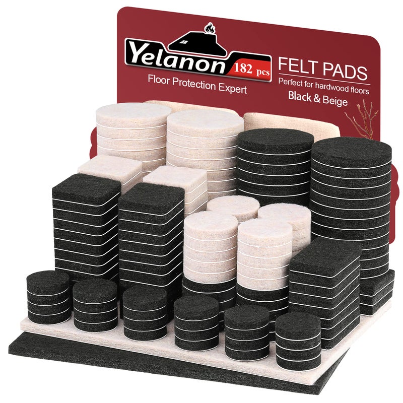 Yelanon Felt Furniture Pads -182 Pcs Premium Felt Pads for Chair Legs Furniture, Floor Protectors for Hardwood Floors,Black & Beige - Image 1